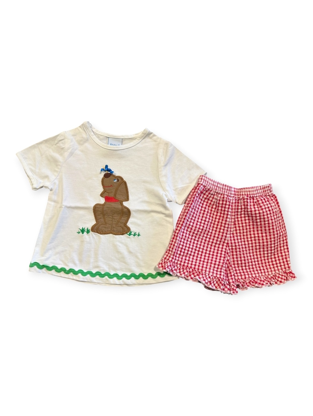 Bailey Boys 18M Two-Piece Outfit with Dog Applique White T-Shirt and Red Gingham